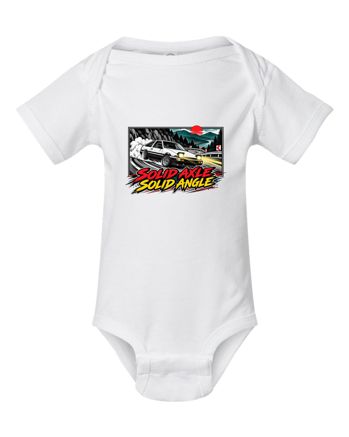 Retro manga halftone panel of a Toyota AE86 Sprinter Trueno drifting downhill white baby onesie front view with the design