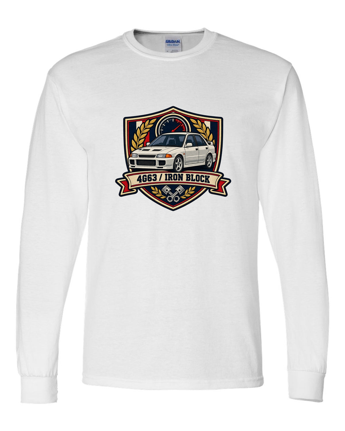 Mitsubishi Lancer Evolution I CD9A embroidered varsity crest print, 4G63 / IRON BLOCK white long sleeve front view with the design