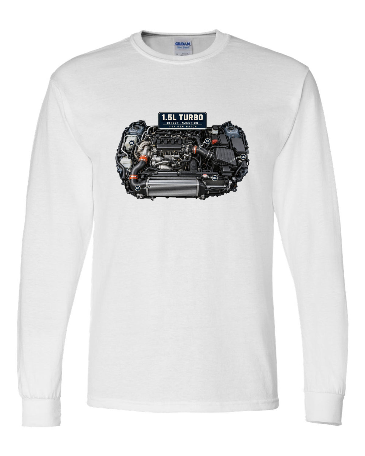 Honda Civic chback FL1 1.5L turbo engine bay print white long sleeve front view with the design