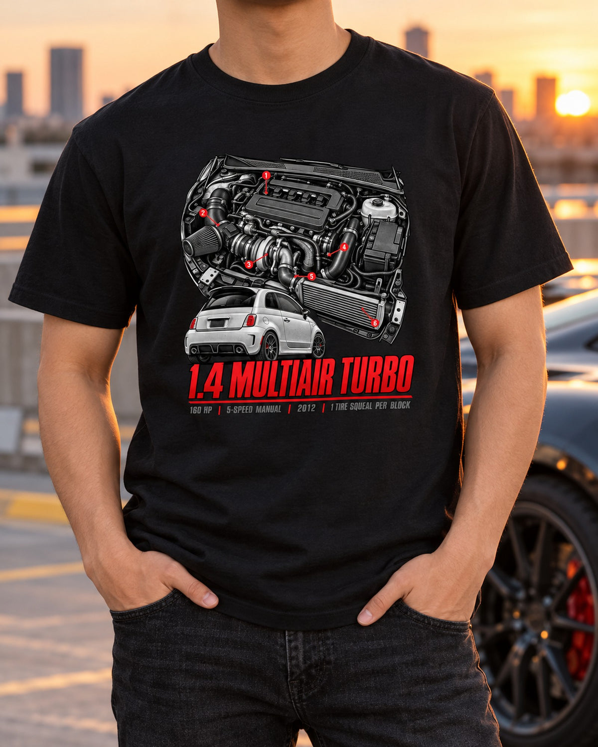 Fiat 500 Abarth 1.4 MultiAir Turbo Engine Hero Shirt, Car Guy Tee T-Shirt Black worn hero