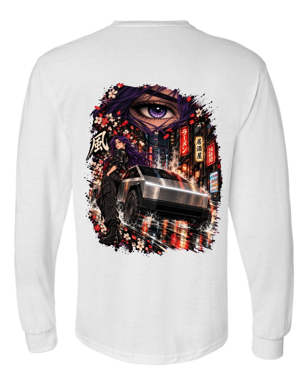 Tesla Cybertruck Anime Girl Long Sleeve White back