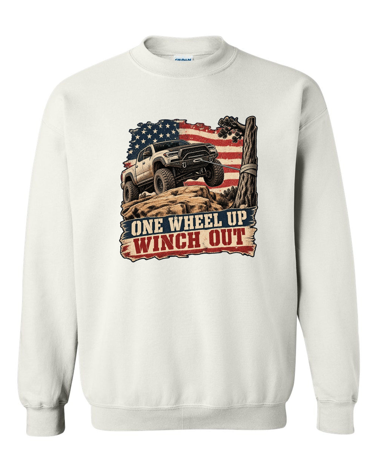 Distressed screen-print print of a Ram 2500 Power Wagon with one wheel lifted on a ledge white crewneck front view with the design