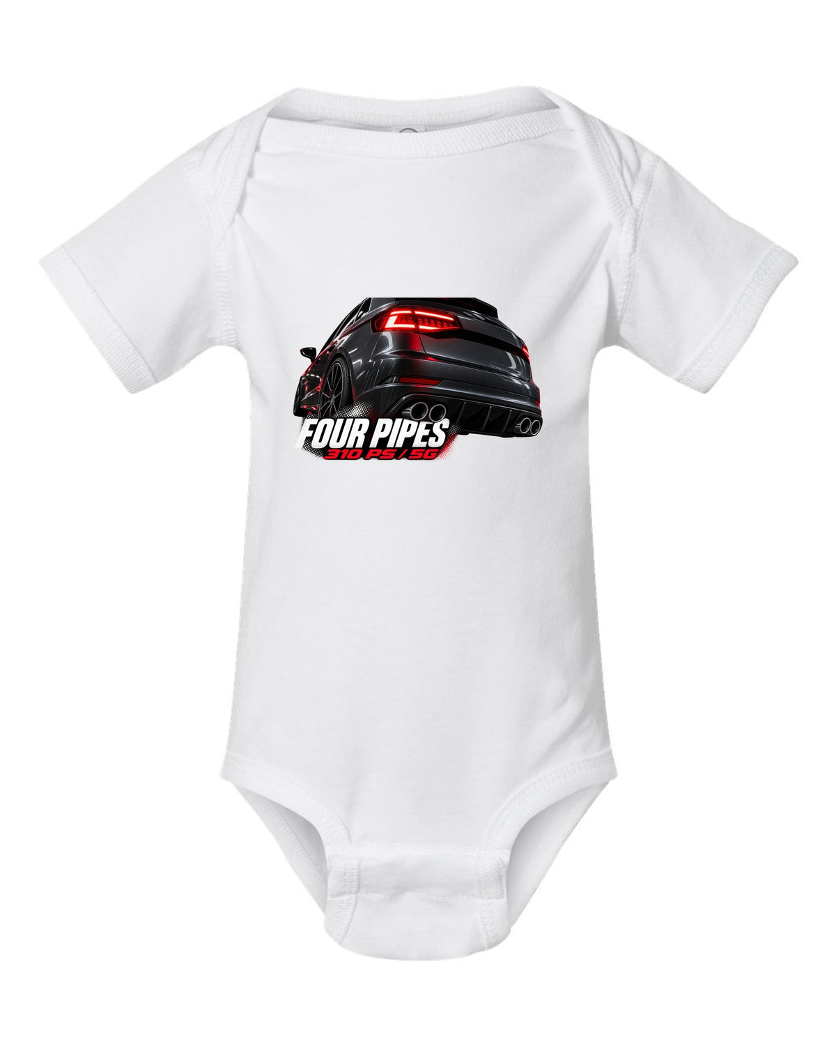 print macro of a VW Golf R Mk7.5 rear taillight and four exhaust pipes with 310 PS text white baby onesie front view with the design