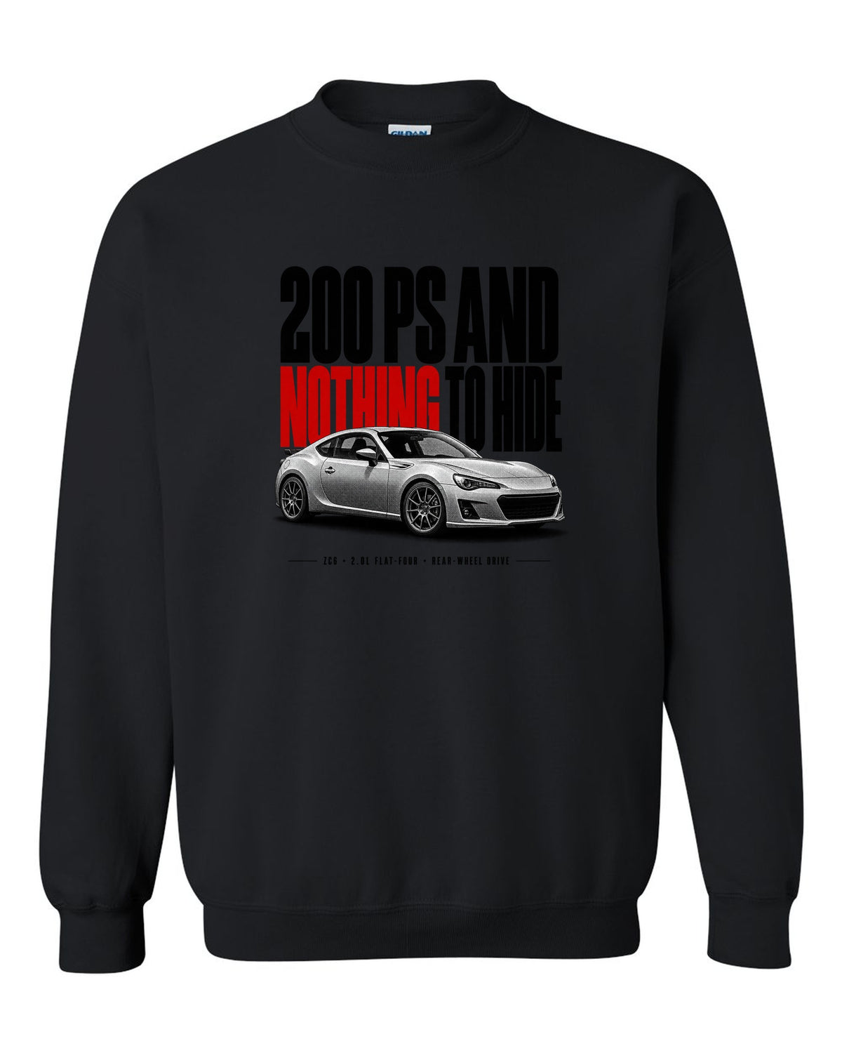 Halftone print for the Subaru BRZ ZC6 tS reading 200 PS and nothing to hide, 2.0L flat-four, rear-wheel drive black crewneck front view with the design