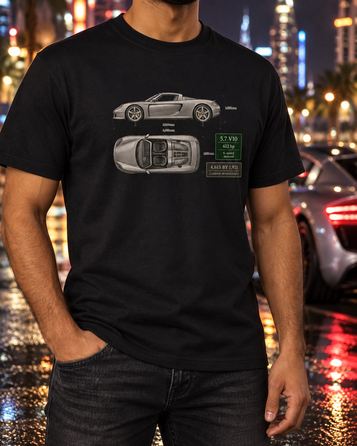 Porsche Carrera GT Top View Blueprint Tee, Carbon Monocoque T-Shirt Black worn hero