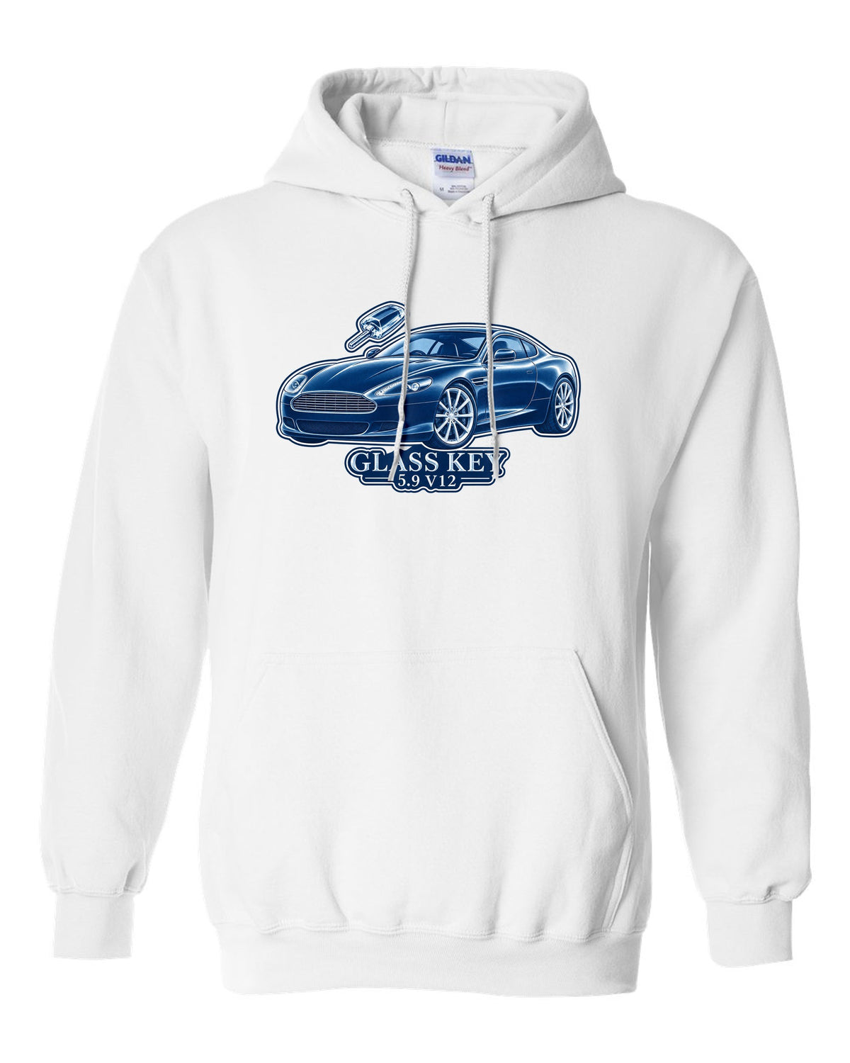 Cel-shaded anime night street print of a 2005 Aston Martin V8 Vantage in rain with glass key lettering white pull over hoodie front view with the design