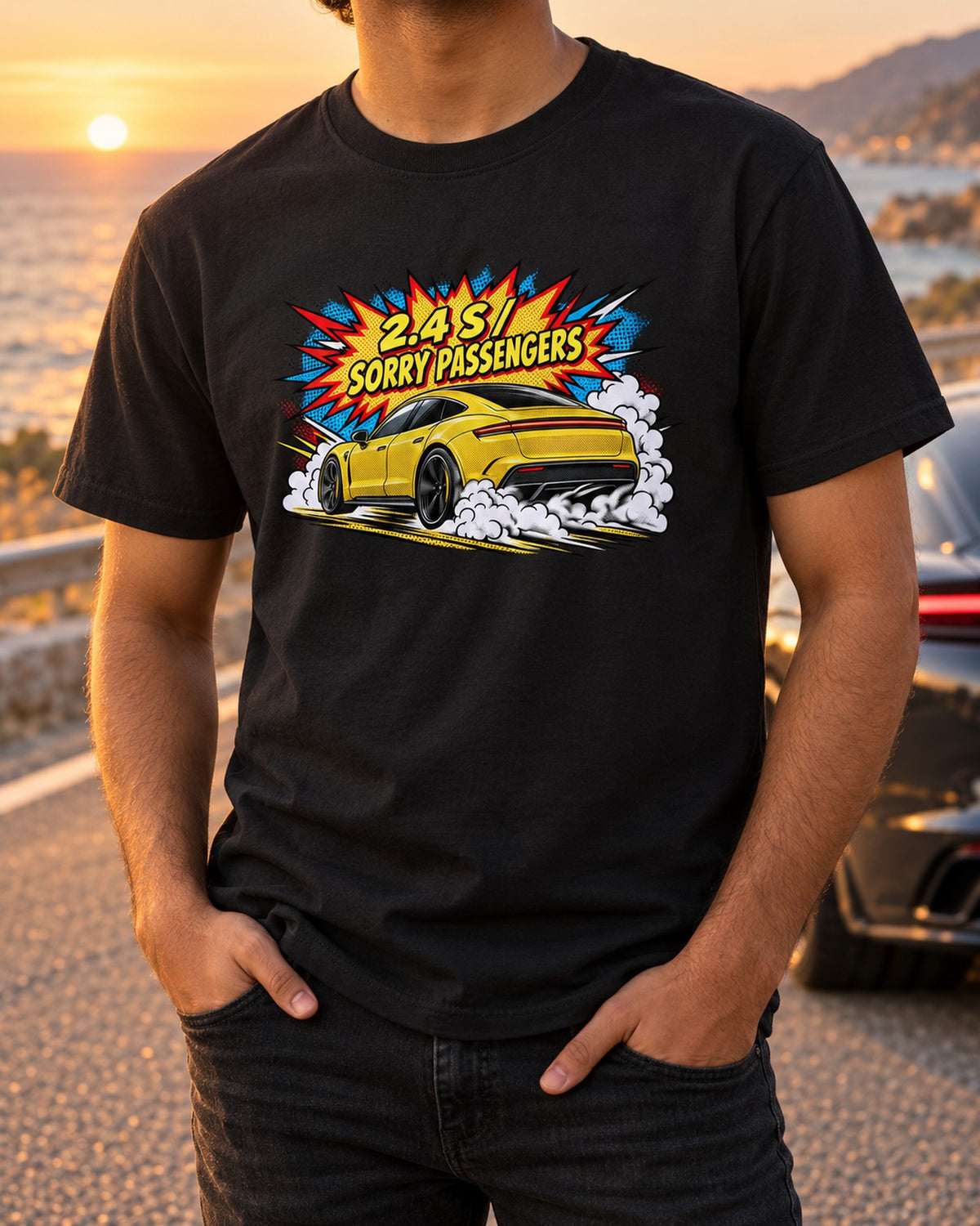 Porsche Taycan Turbo S 9J1 Halftone Pop Art Launch Shirt T-Shirt Black worn hero