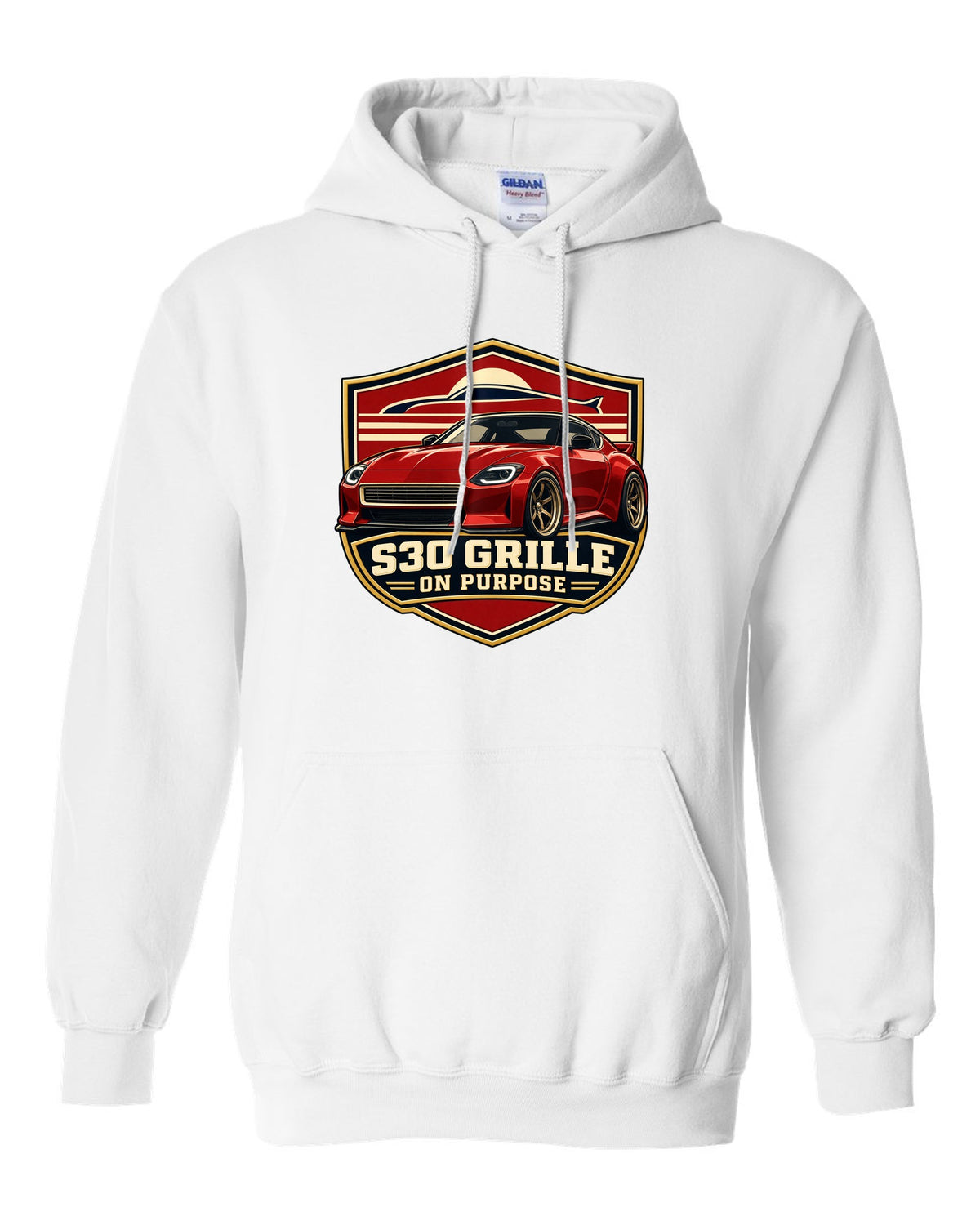 Shield crest print for the Nissan Z RZ34 referencing the S30 grille white pull over hoodie front view with the design