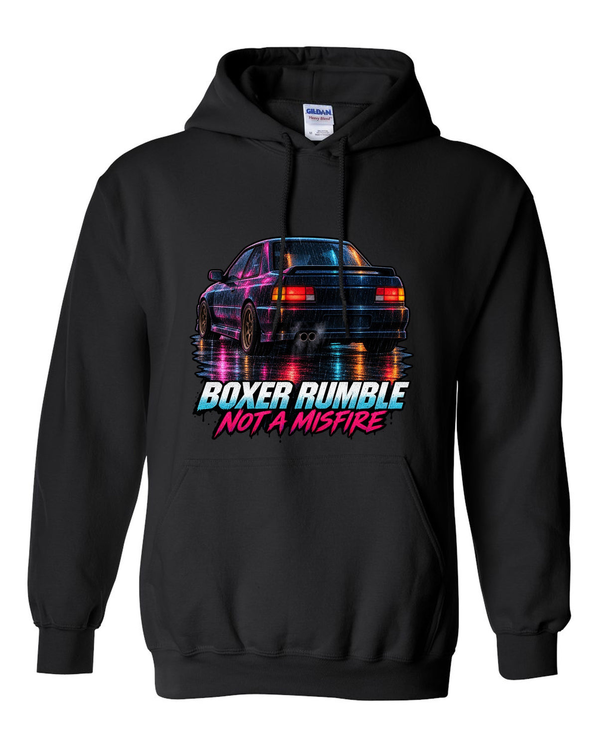 Painterly night scene of a Subaru Impreza WRX GC8 coupe with wet taillight reflections black pull over hoodie front view with the design