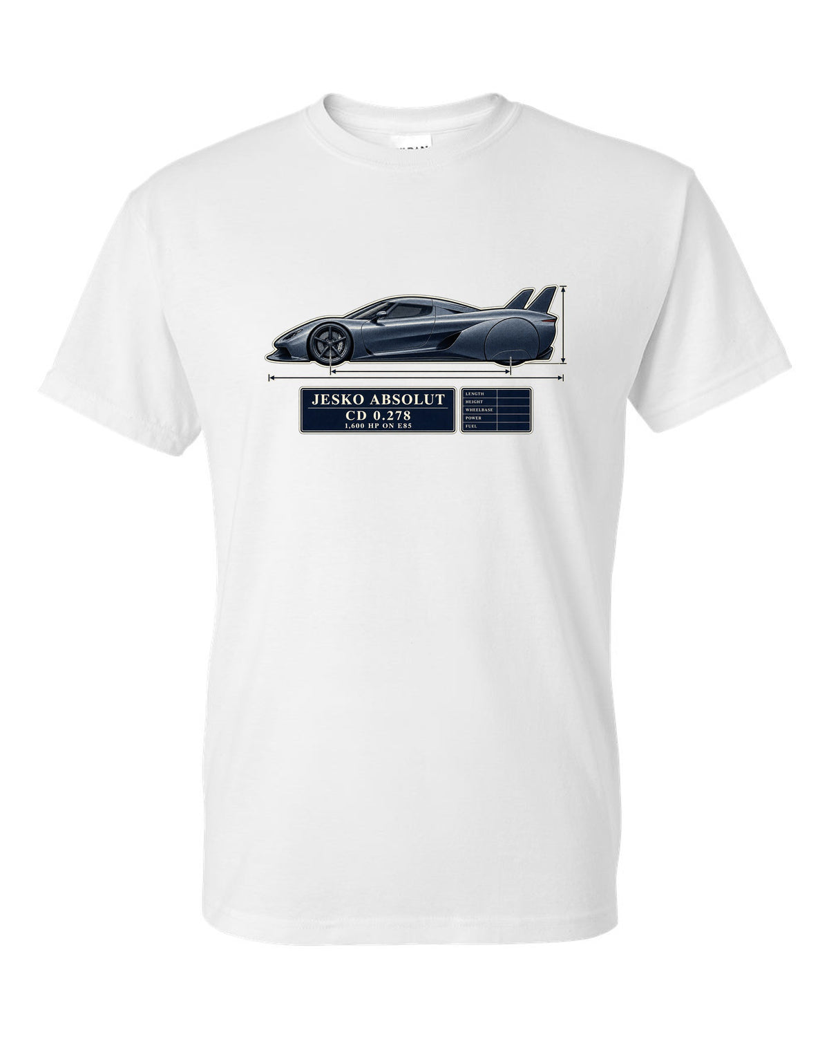 Blueprint drawing of the Koenigsegg Jesko Absolut with twin tail fins and no wing, print white t-shirt front view with the design