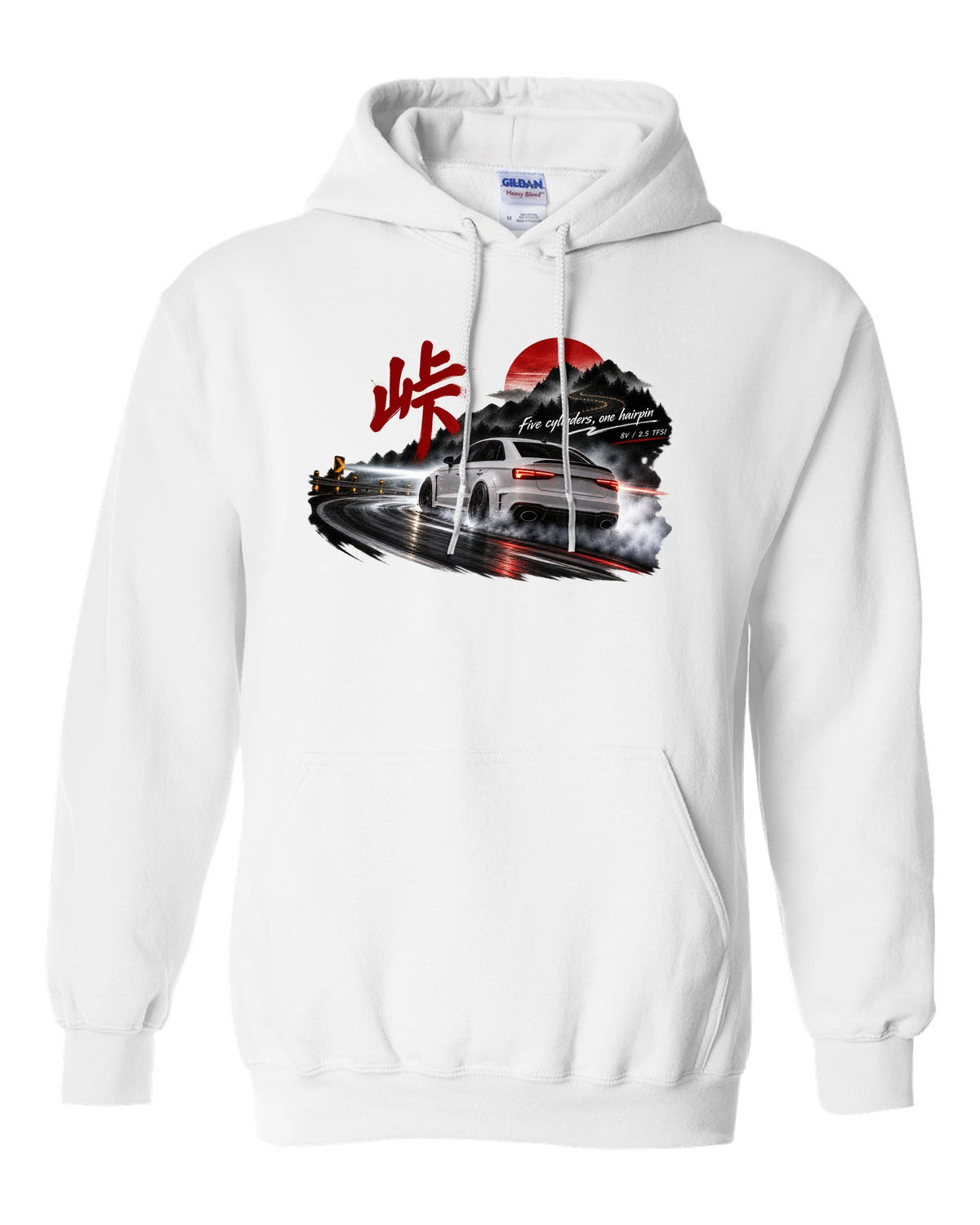 Audi RS3 8V sedan rear three-quarter sliding at night with touge kanji white pull over hoodie front view with the design