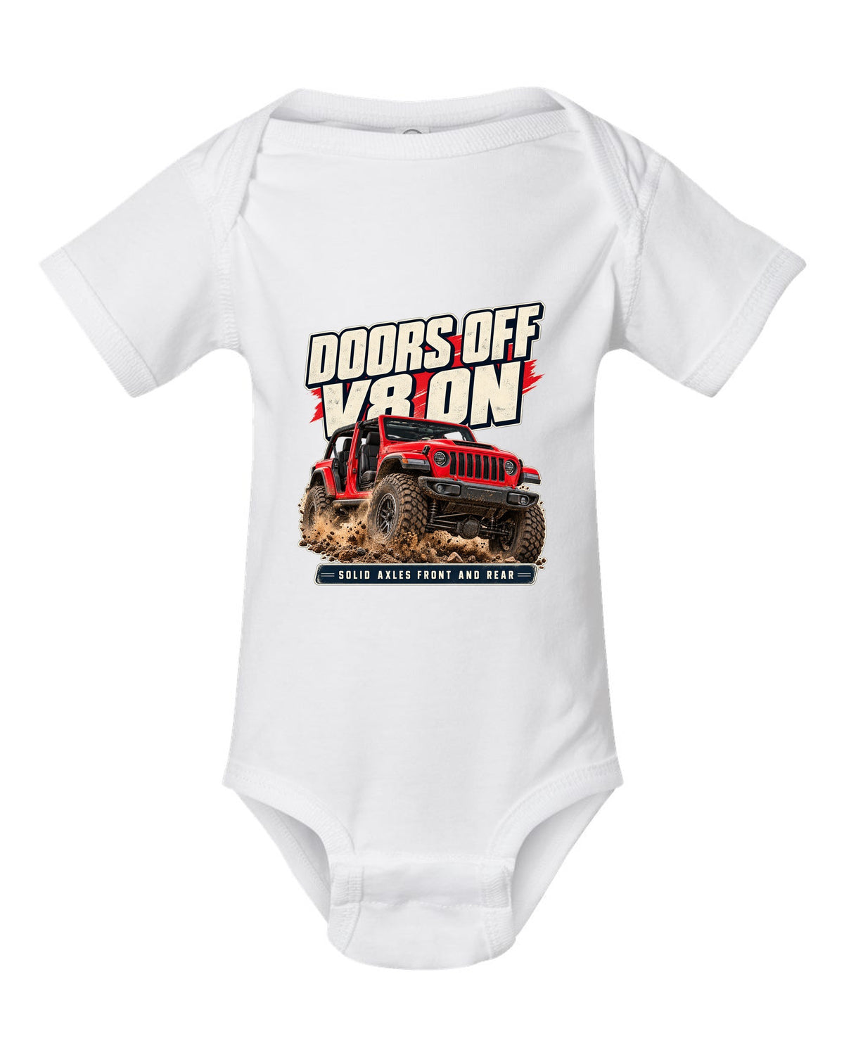 Editorial headline print for the Jeep Rubicon 392 about doors off and a V8 white baby onesie front view with the design