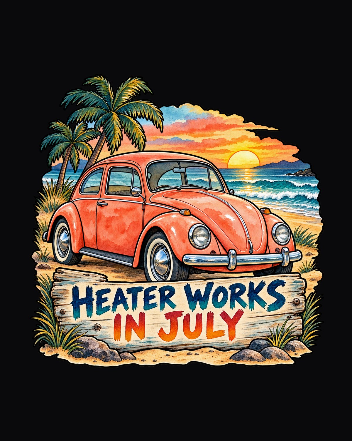 VW Beetle Type 1 Beach Sunset Watercolour Tee, Heater Joke design only