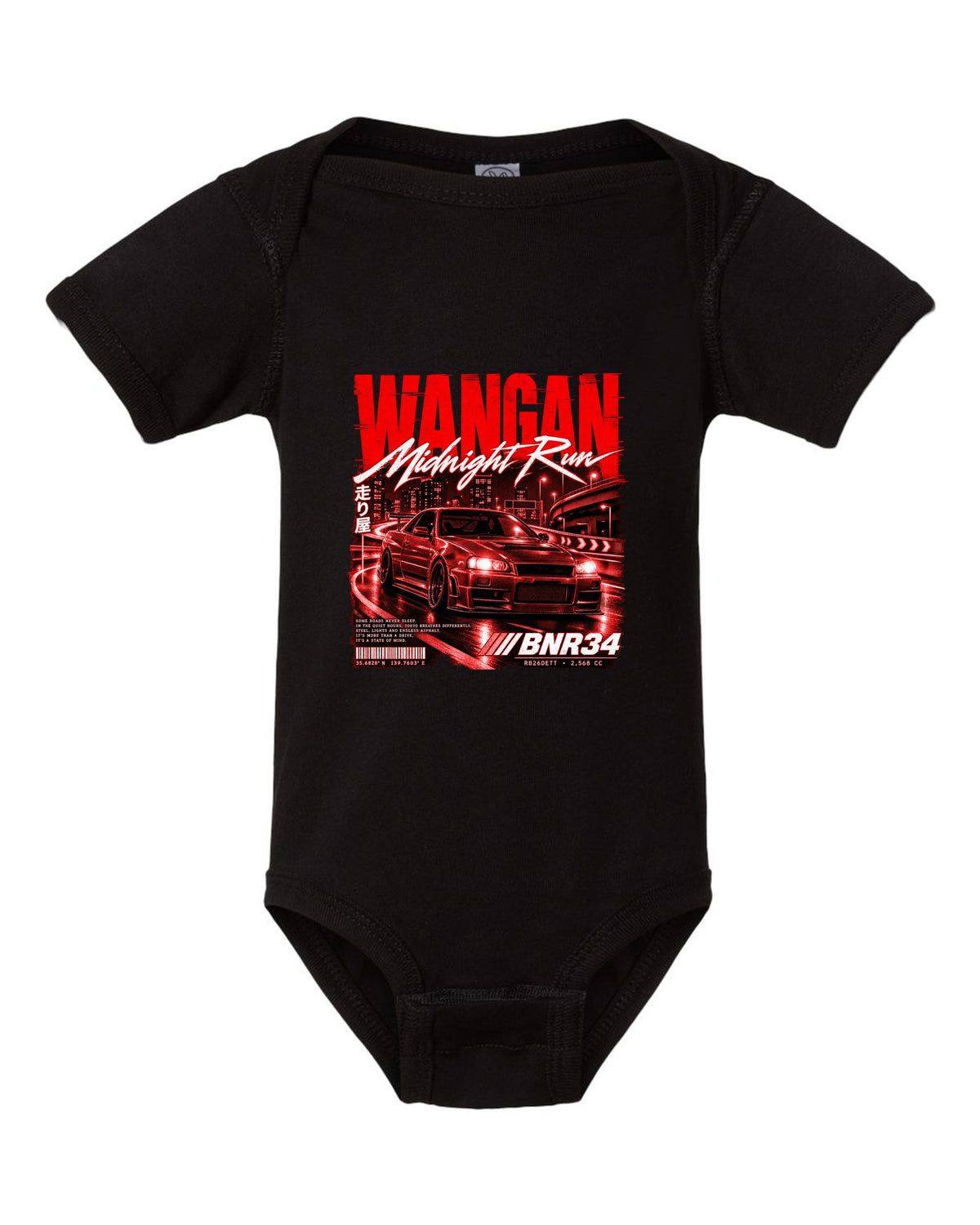 Street poster print of a Nissan Skyline GT-R R34 BNR34 with Wangan Midnight Run text black baby onesie front view with the design
