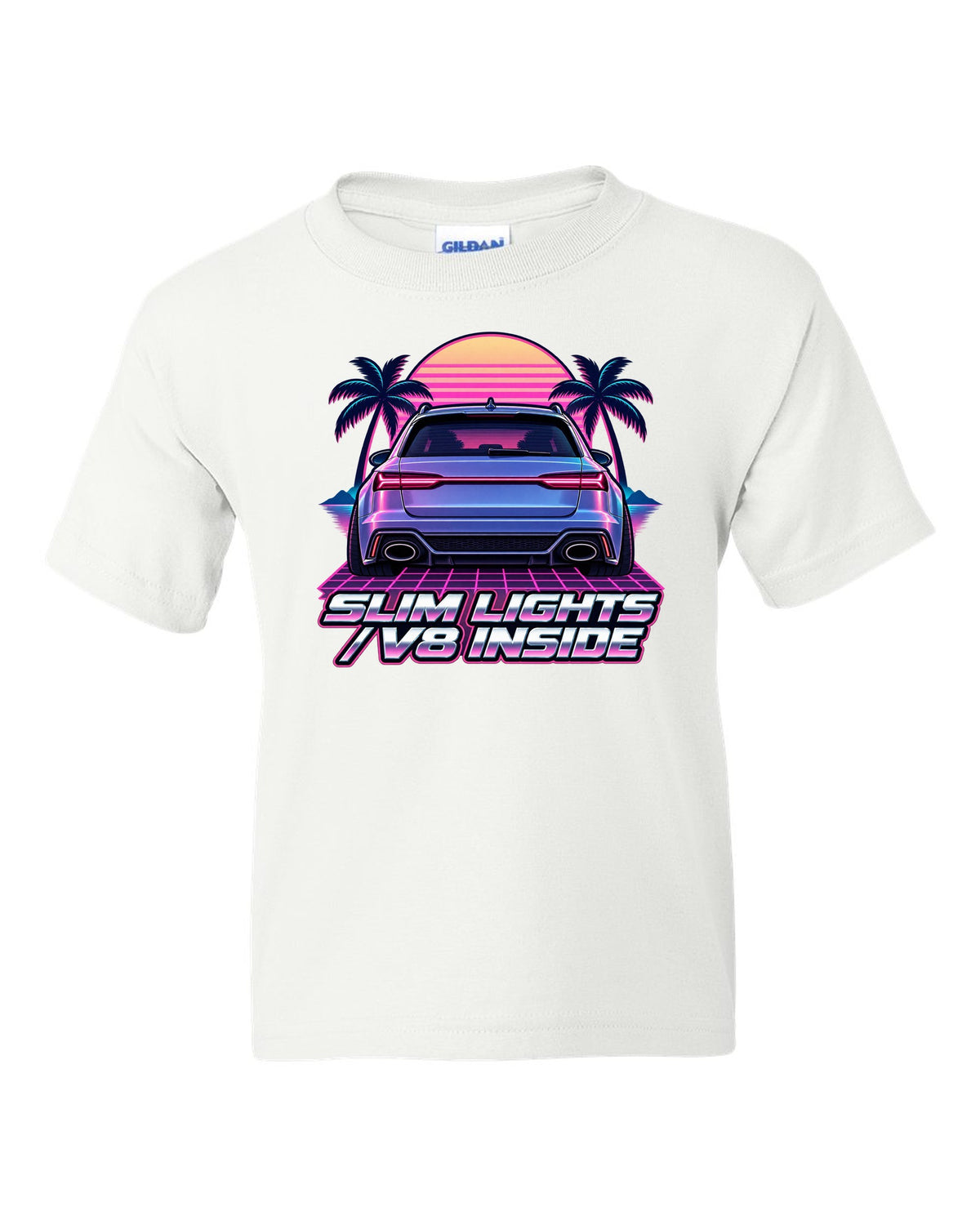 Pastel vaporwave design of the Audi RS6 Avant C7 4G with slim lights V8 inside lettering white kids tee front view with the design