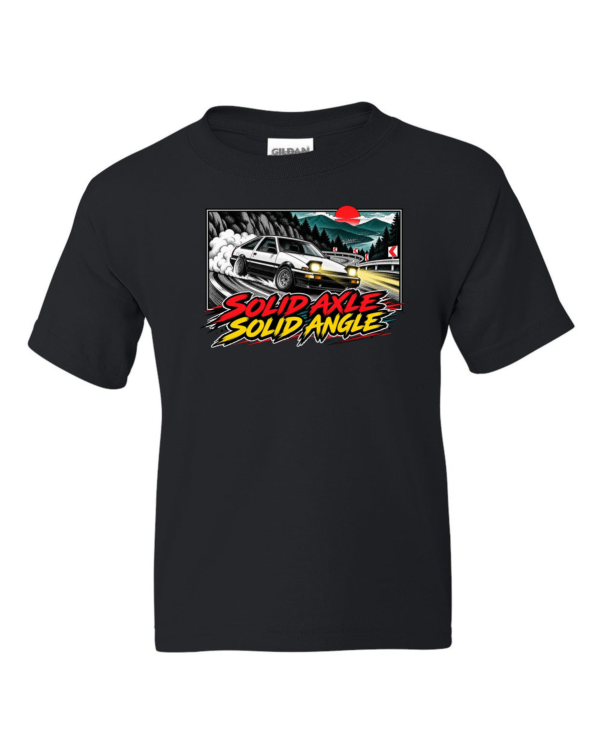 Retro manga halftone panel of a Toyota AE86 Sprinter Trueno drifting downhill black kids tee front view with the design