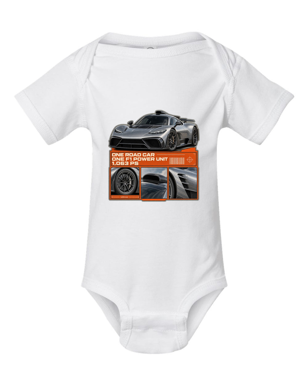 Mercedes-AMG One dossier panel design with three detail views white baby onesie front view with the design