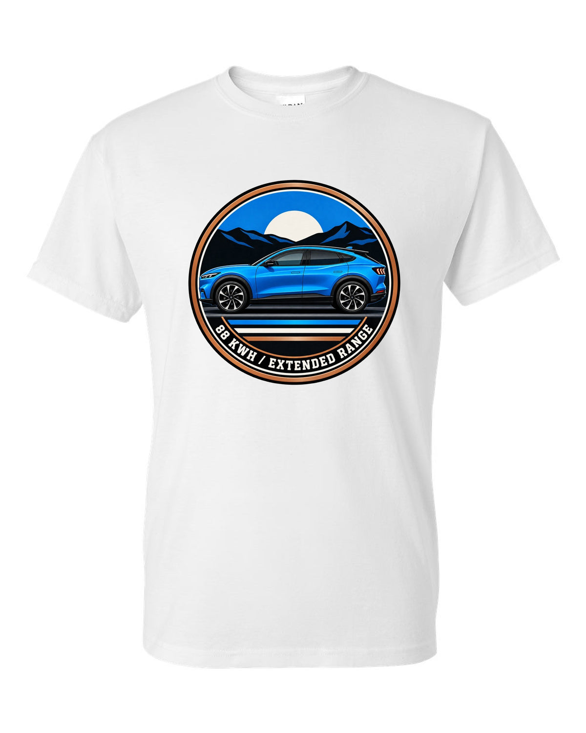 Gauge-cluster HUD print of a 2020 Mustang Mach-E CX727 showing One Gear 3.5 Sec white t-shirt front view with the design