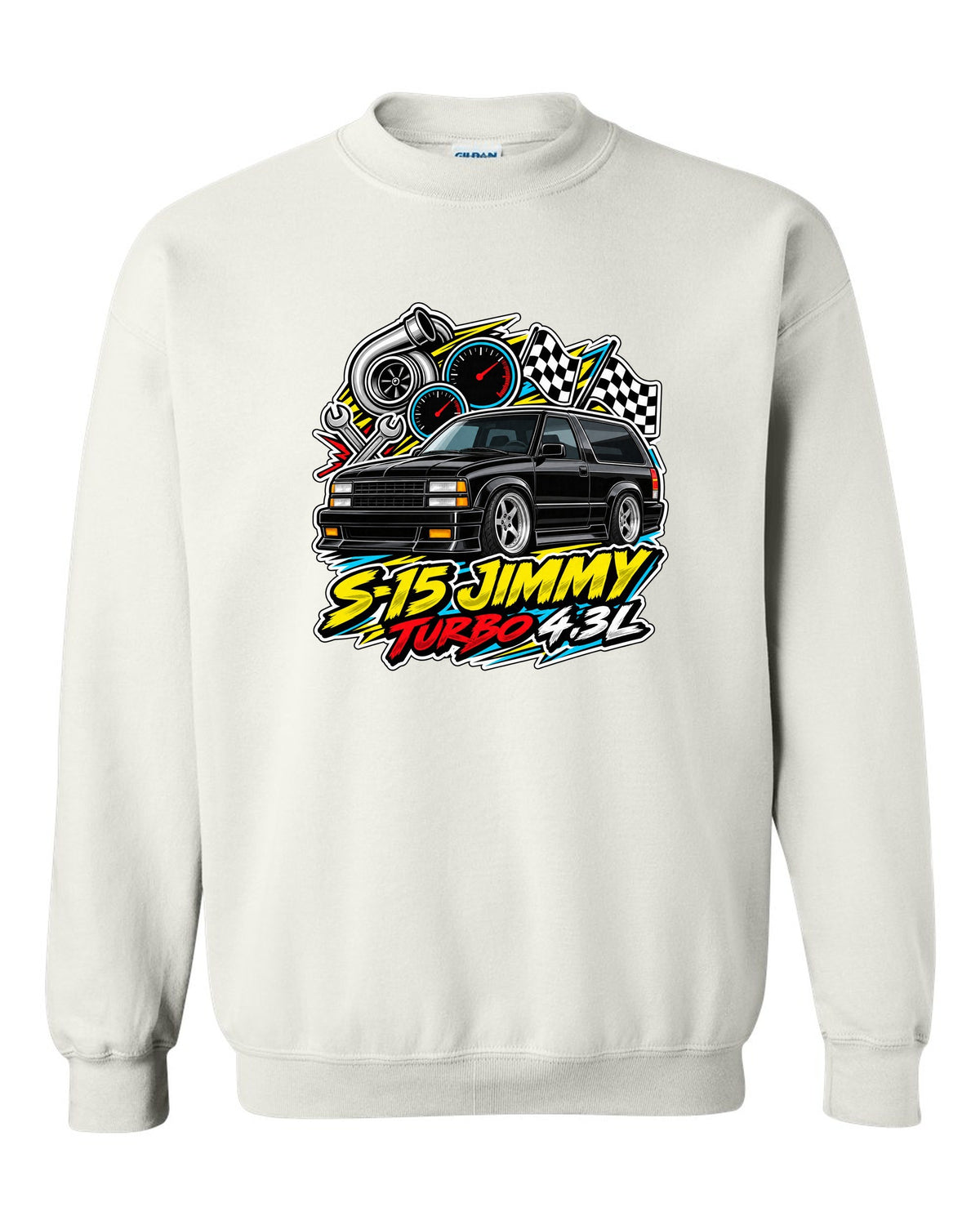 Sticker-bomb collage print of a 1992-93 GMC Typhoon with S-15 Jimmy Turbo 4.3L lettering white crewneck front view with the design