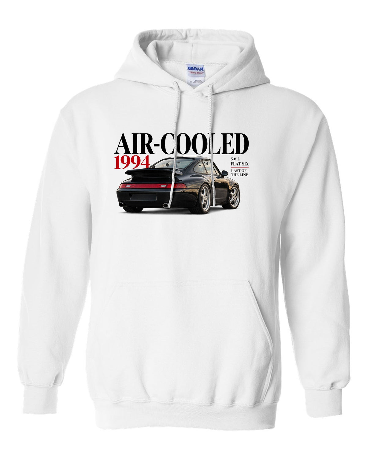 Editorial print of a Porsche 911 993 Carrera coupe with Air-Cooled 1994 3.6 L flat-six lettering white pull over hoodie front view with the design
