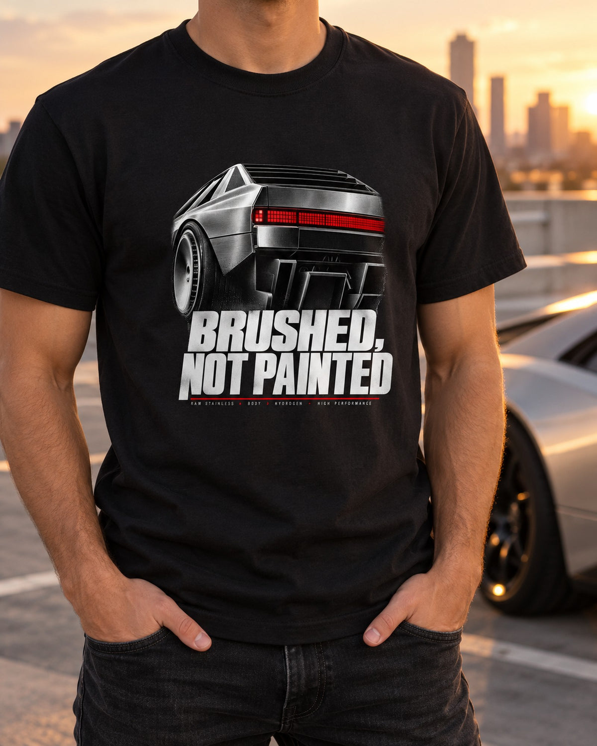 N Vision 74 Brushed Not Painted Tail Detail Tee, Hyundai Concept T-Shirt Black worn hero