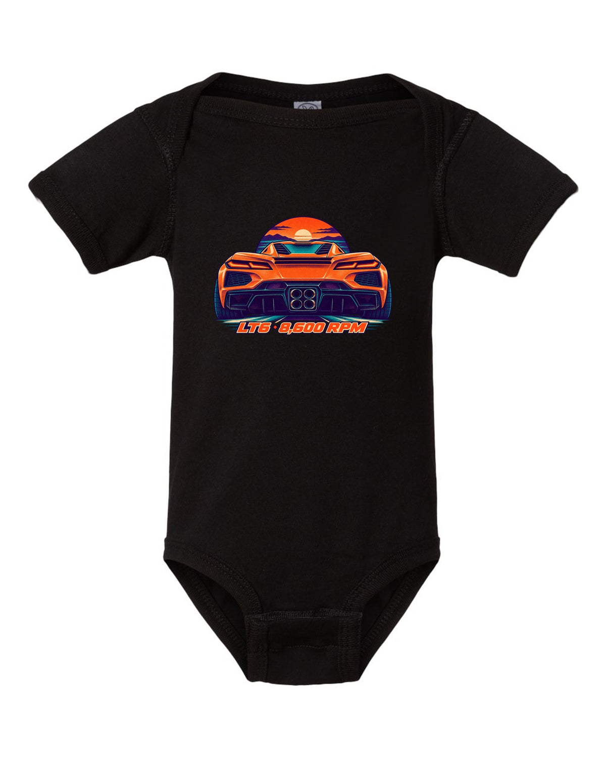 Risograph-style print of a Chevrolet Corvette C8 Z06 with quad exhaust tips and LT6 8,600 RPM lettering black baby onesie front view with the design