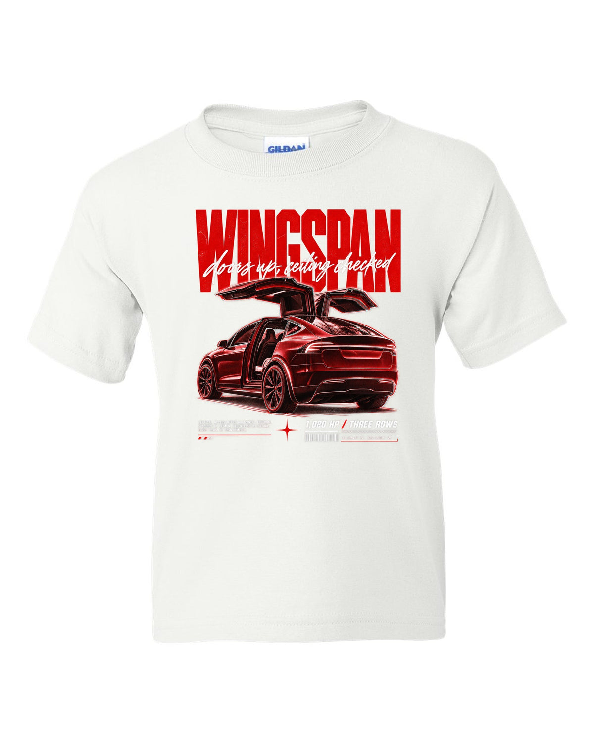 Tesla Model X Plaid 2021 with falcon doors raised in a street poster titled Wingspan white kids tee front view with the design