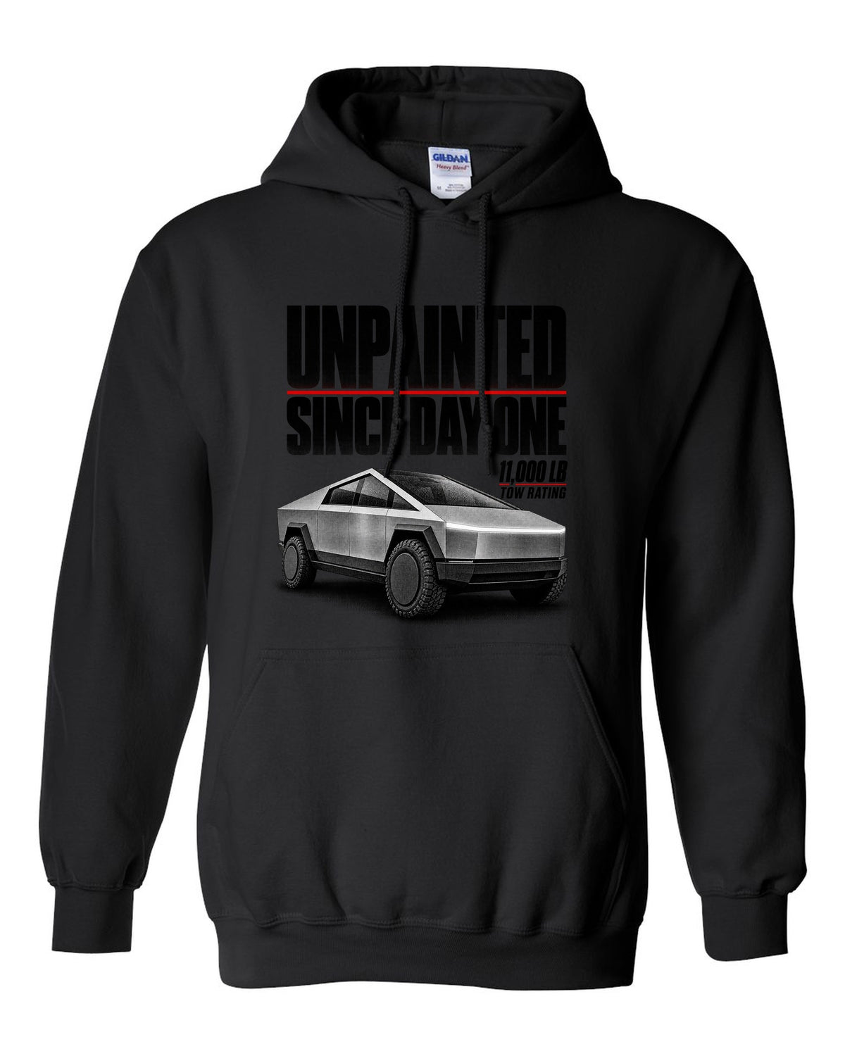 Halftone Tesla Cybertruck 2023 with unpainted since day one and 11,000 lb tow rating text black pull over hoodie front view with the design