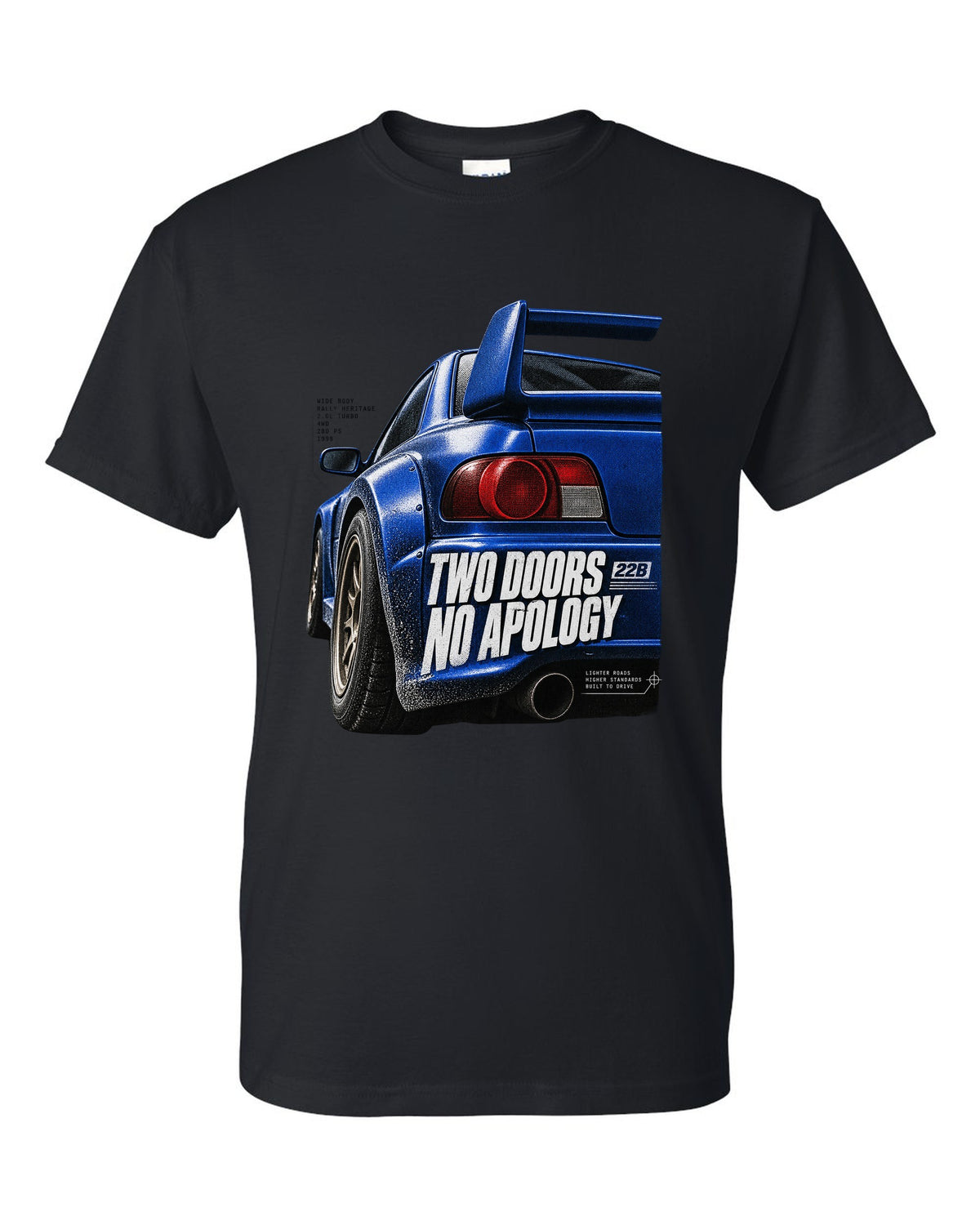 Macro detail of the Subaru Impreza 22B STI rear wing with two doors no apology text black t-shirt front view with the design