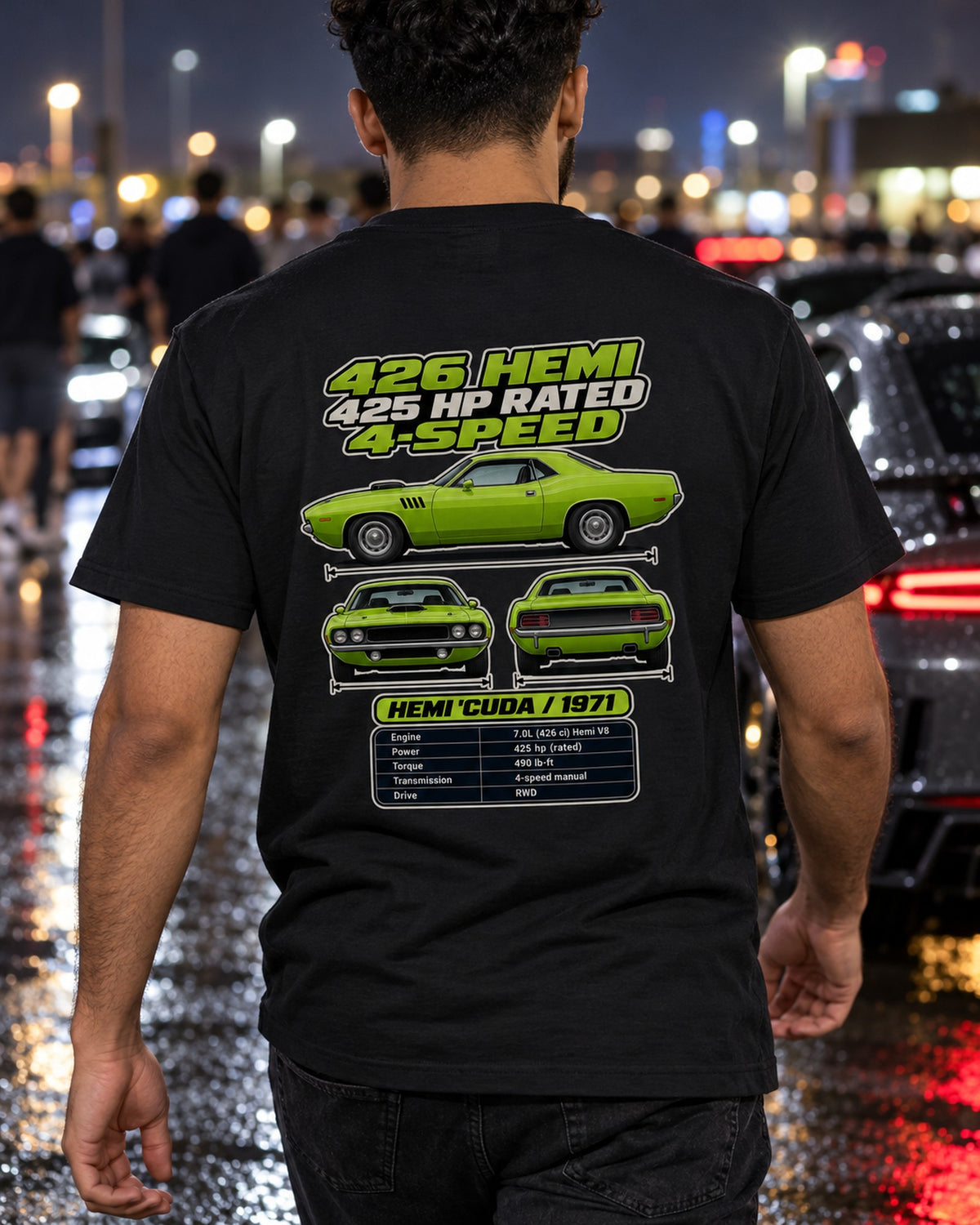 Plymouth Hemi Cuda 1971 Spec Sheet Full-Back Graphic Tee T-Shirt Black worn hero