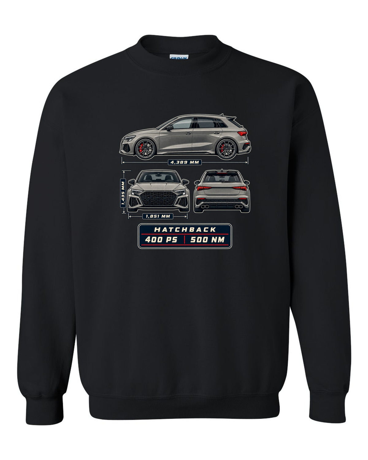 Three-view drawing and spec table of the Audi RS3 8Y Sportback black crewneck front view with the design