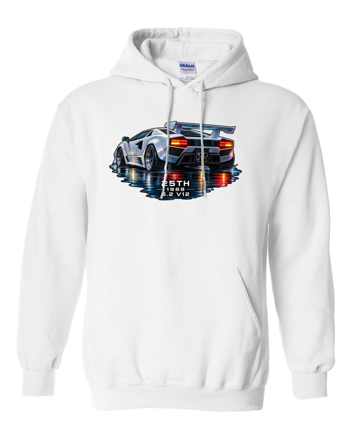 Watercolour wet-road night scene of a Lamborghini Countach 25th Anniversary with 25th 1988 5.2 V12 text white pull over hoodie front view with the design