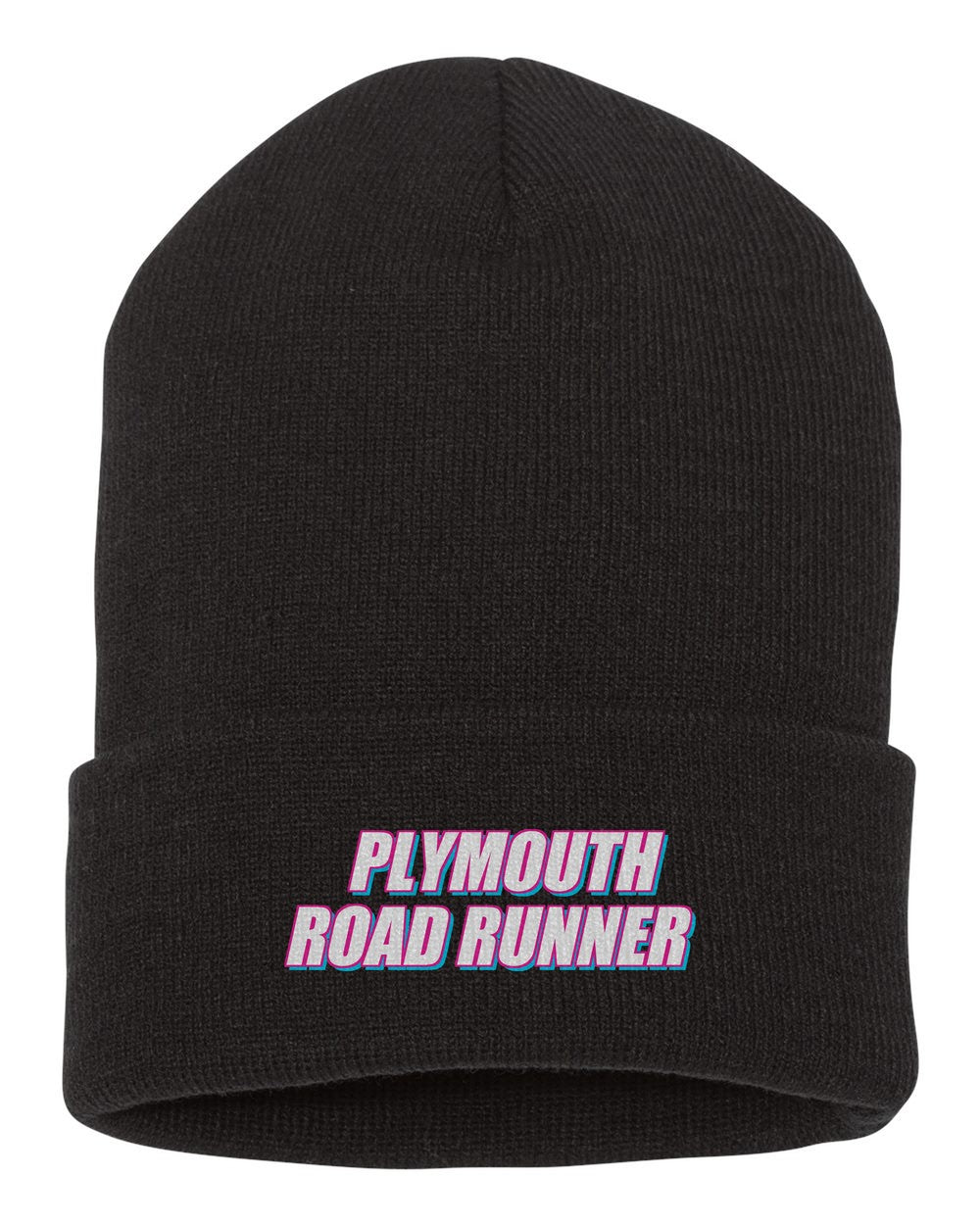 Plymouth Road Runner black beanie front view with car name