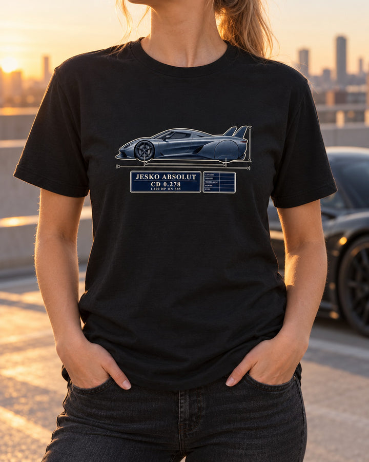 Koenigsegg Jesko Absolut Dimension Blueprint Shirt, Car Guy Gift T-Shirt Black worn hero