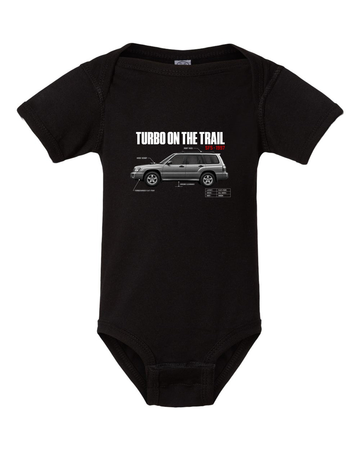 Spec poster print for the Subaru Forester SF5 reading Turbo on the Trail with hood scoop and roof rack details black baby onesie front view with the design