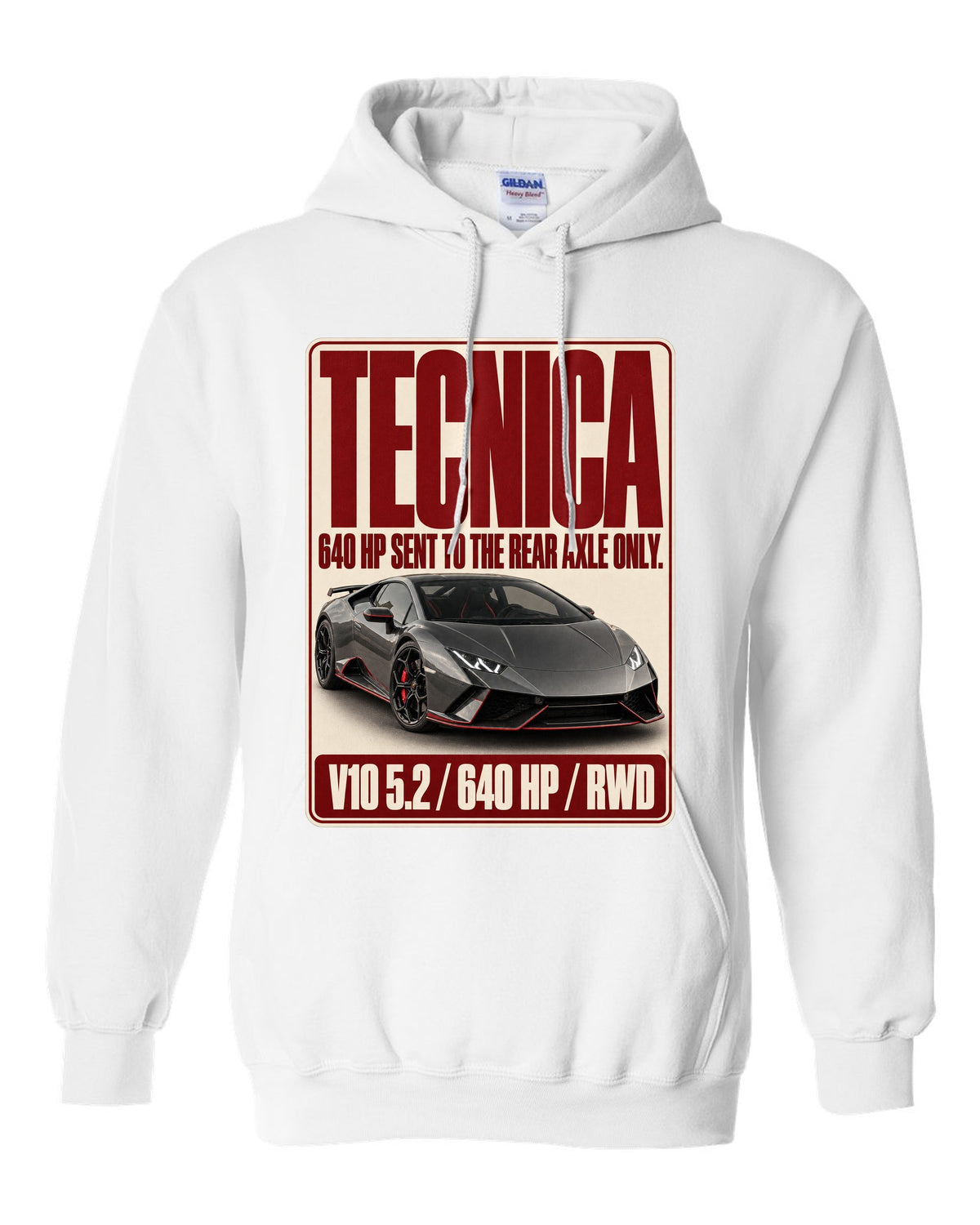 Editorial headline print of the Lamborghini Huracan Tecnica white pull over hoodie front view with the design