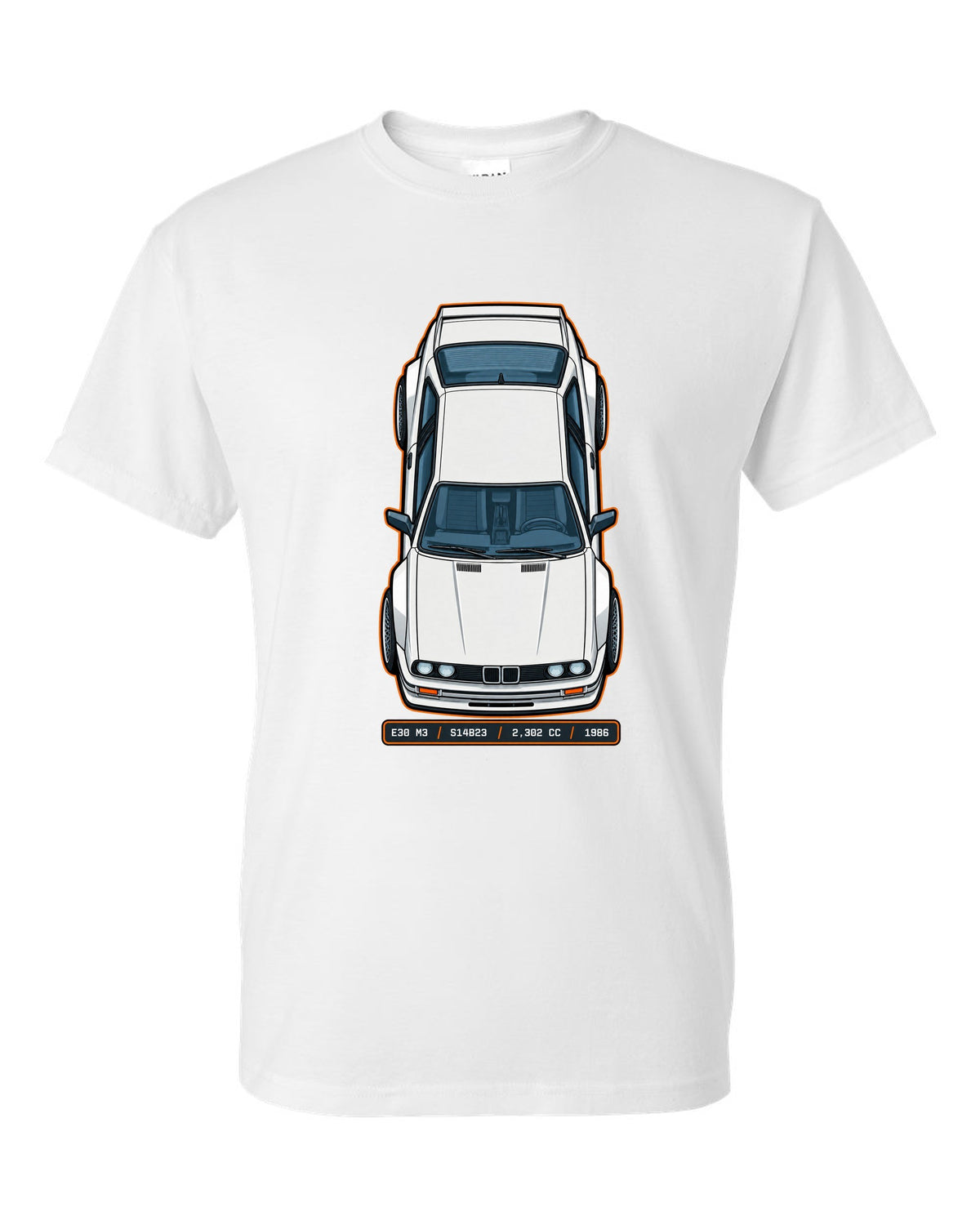 Top view spec sheet print of a BMW E30 M3 with S14B23 2,302 cc 1986 data plate text white t-shirt front view with the design