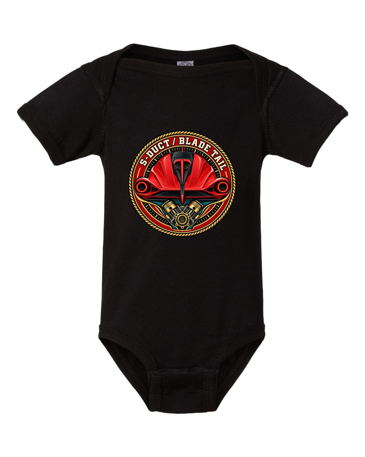 Round crest print for the Ferrari F8 Tributo with S-Duct and Blade Tail lettering black baby onesie front view with the design