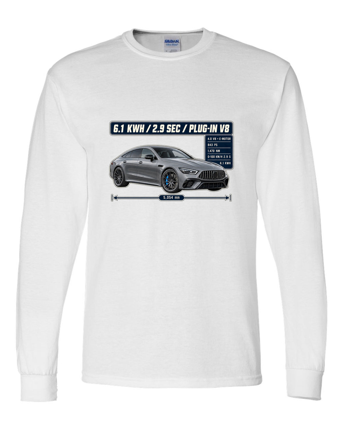Mercedes-AMG GT 63 S E Performance spec poster design with electric-blue accent white long sleeve front view with the design