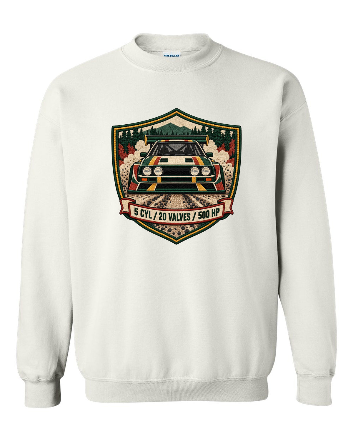 Varsity crest style print of the Audi Sport Quattro S1 E2 with 5 cyl, 20 valves, 500 hp white crewneck front view with the design