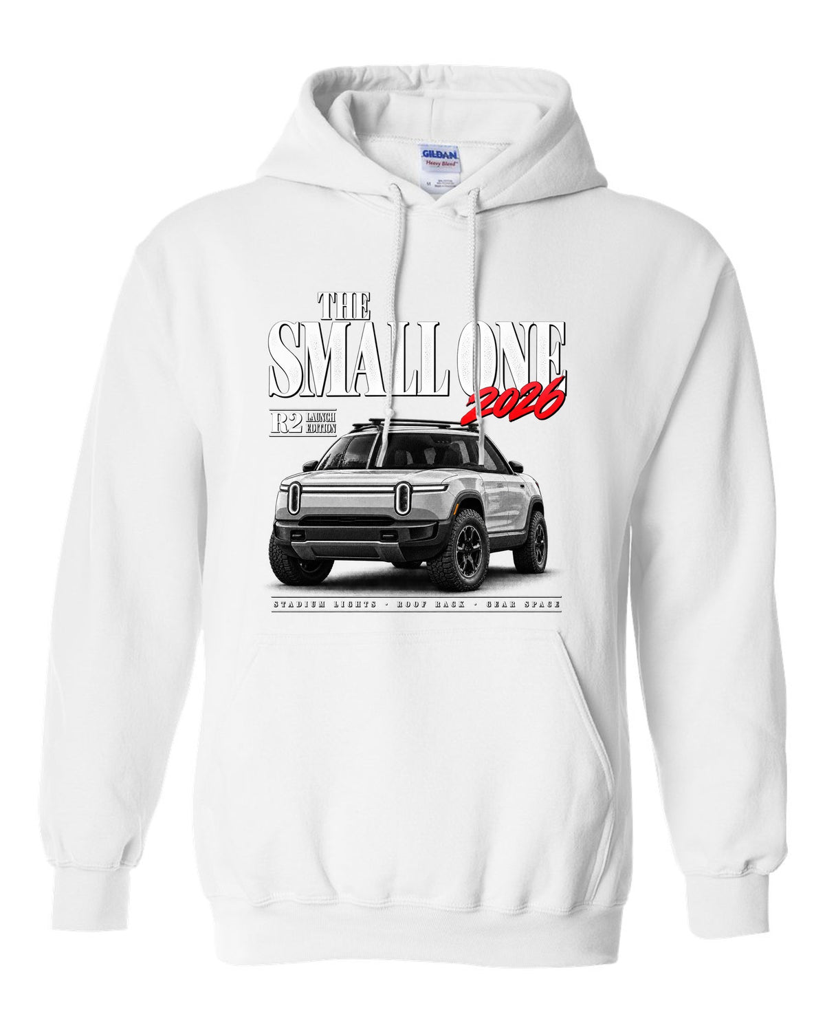Rivian R2 2026 launch edition editorial headline reading The Small One white pull over hoodie front view with the design