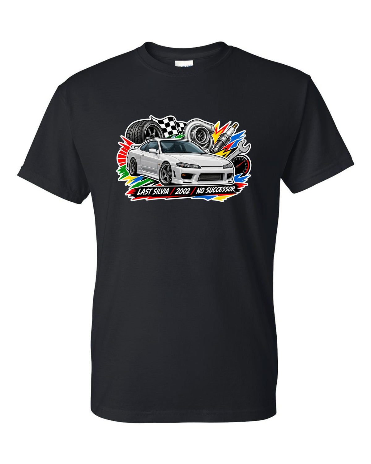 Sticker-bomb collage print for the Nissan Silvia S15 with last Silvia 2002 no successor lettering black t-shirt front view with the design