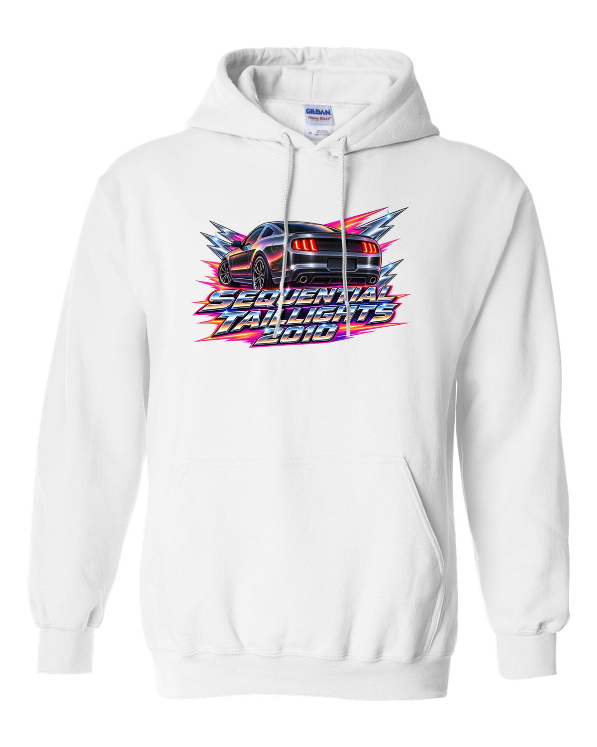 80s airbrush chrome 2005-2014 S197 Ford Mustang fastback with sequential taillights text white pull over hoodie front view with the design