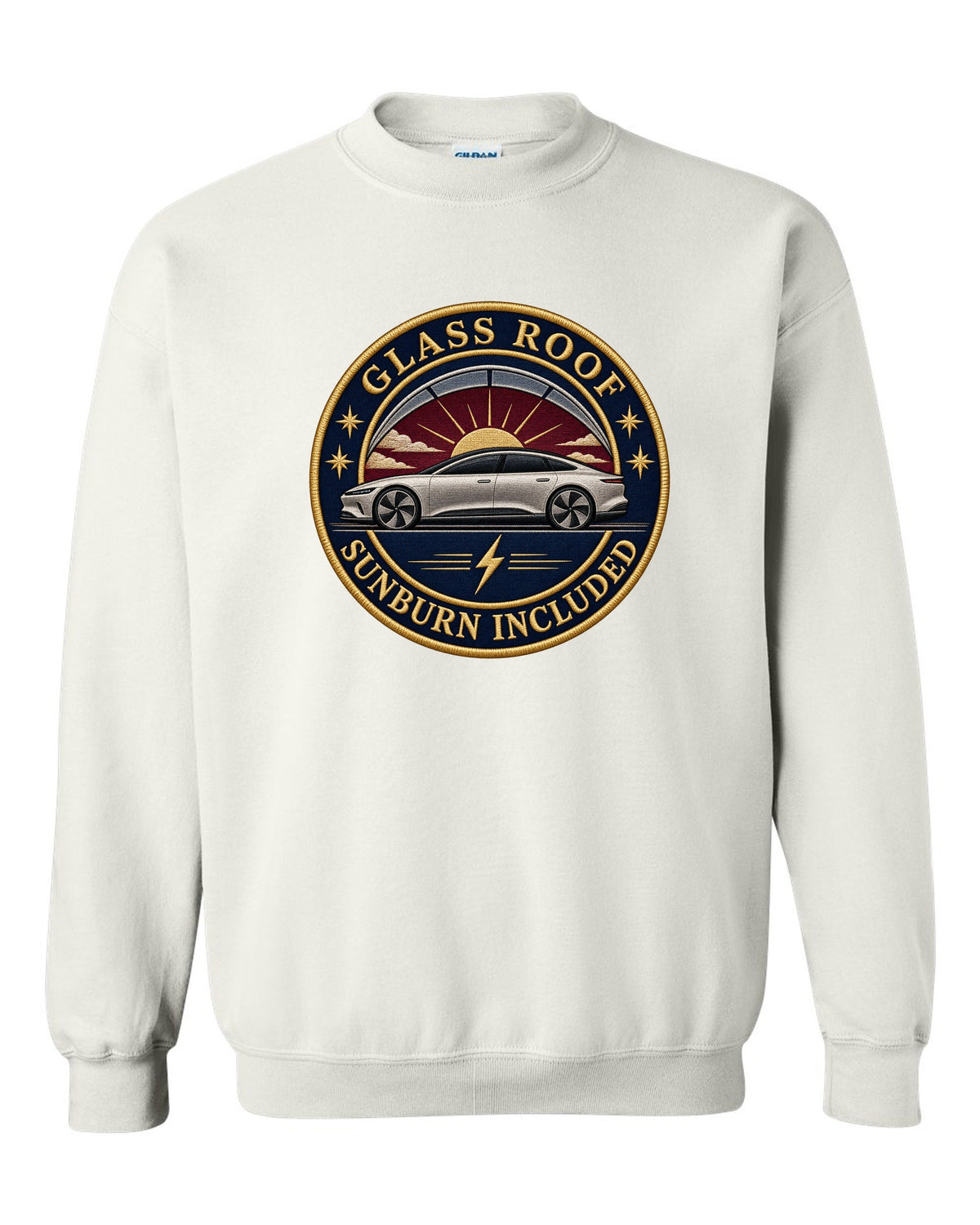 Lucid Air Sapphire round embroidery-style crest print with the text glass roof sunburn included white crewneck front view with the design