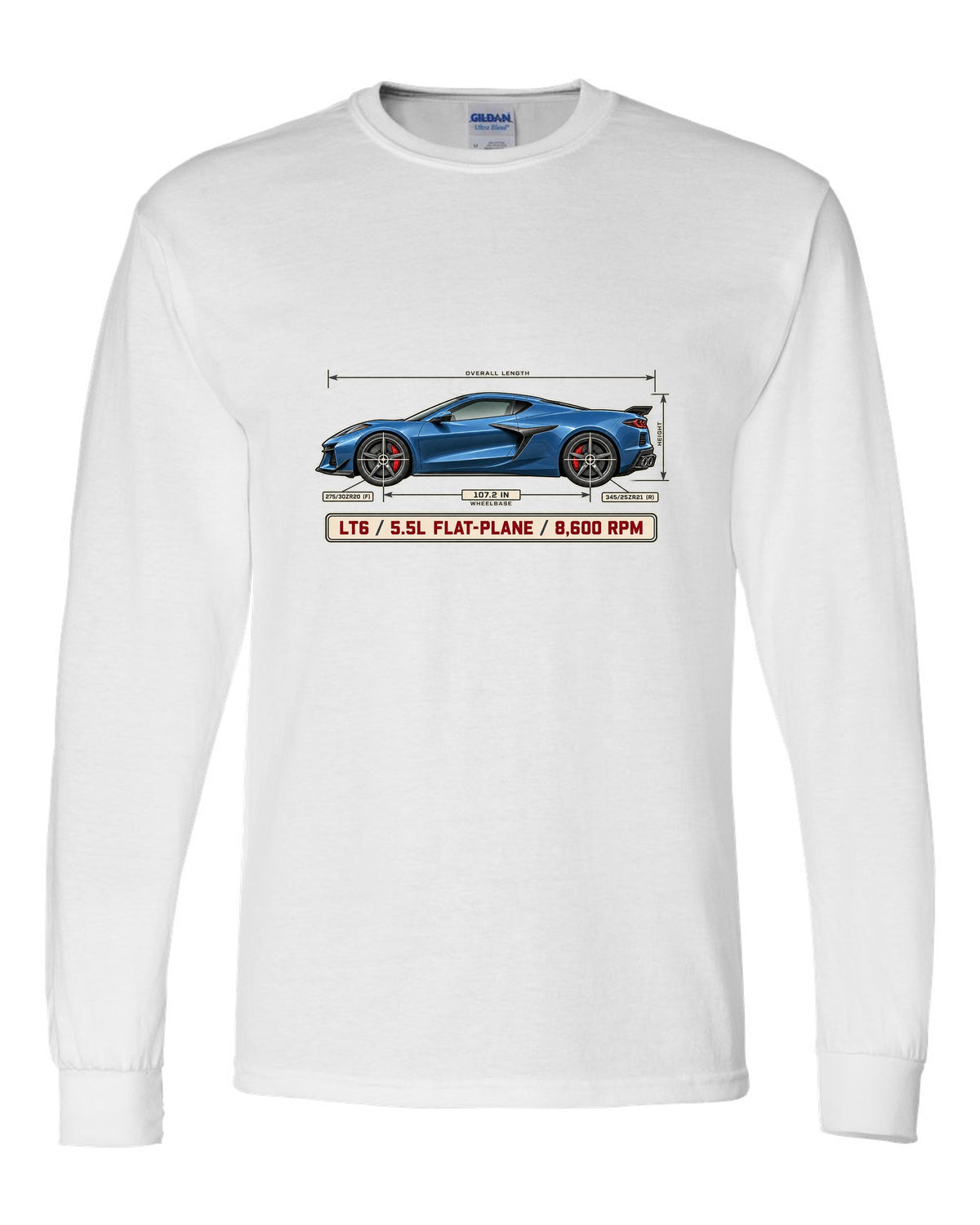 Dimension blueprint print of a Chevrolet Corvette C8 Z06 with LT6 5.5L flat-plane text white long sleeve front view with the design