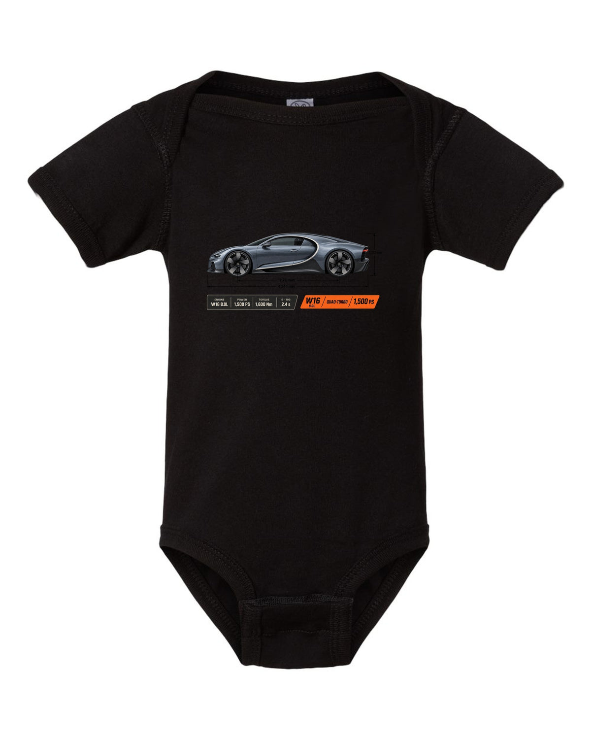 Bugatti Chiron W16 Dimension Blueprint black baby onesie front view with the design