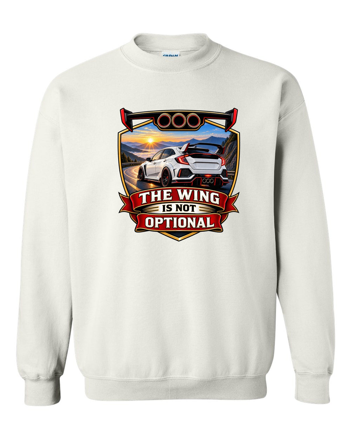 Racing shield print of a Honda Civic Type R FK8 ch with the wing is not optional text white crewneck front view with the design