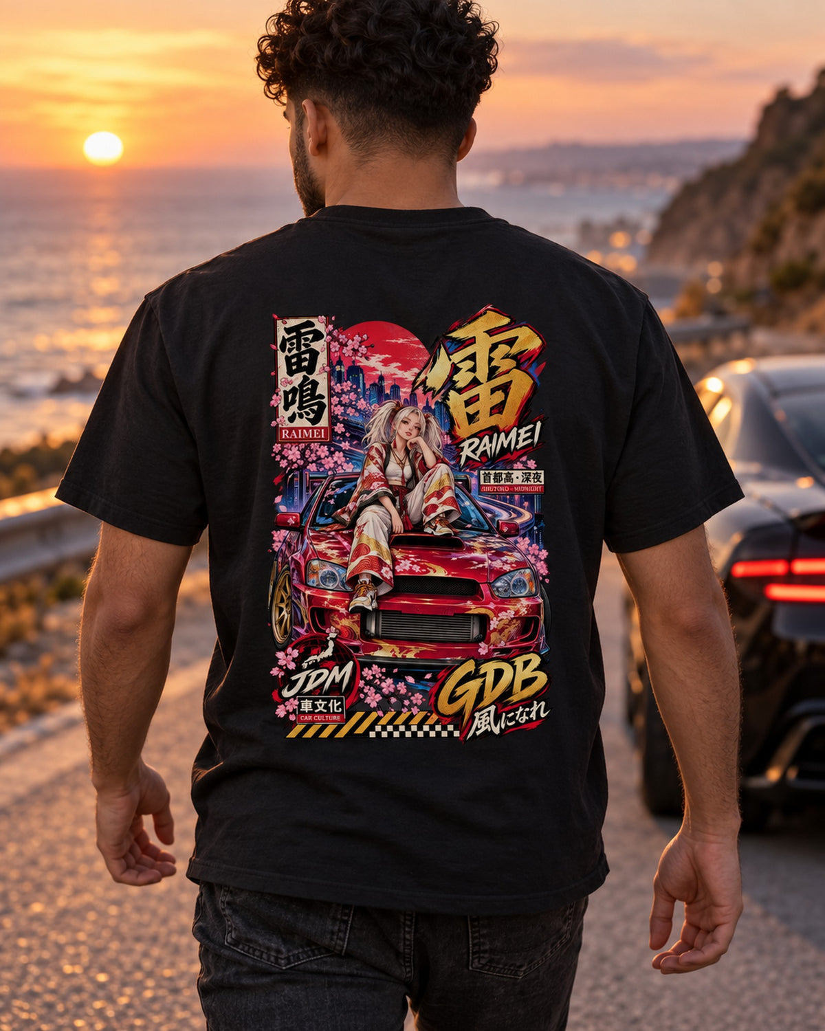 RAIMEI GDB Anime Girl Full-Back Graphic Tee T-Shirt Black worn hero