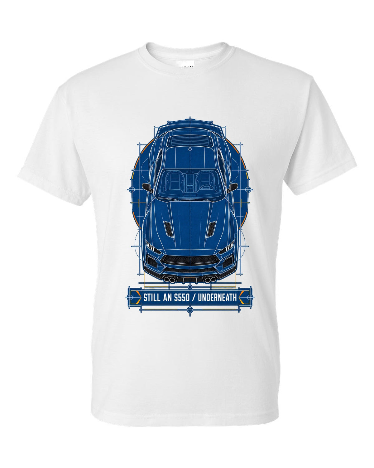 Cyanotype negative blueprint top view print of a 2024 S650 Mustang with Still An S550 Underneath white t-shirt front view with the design