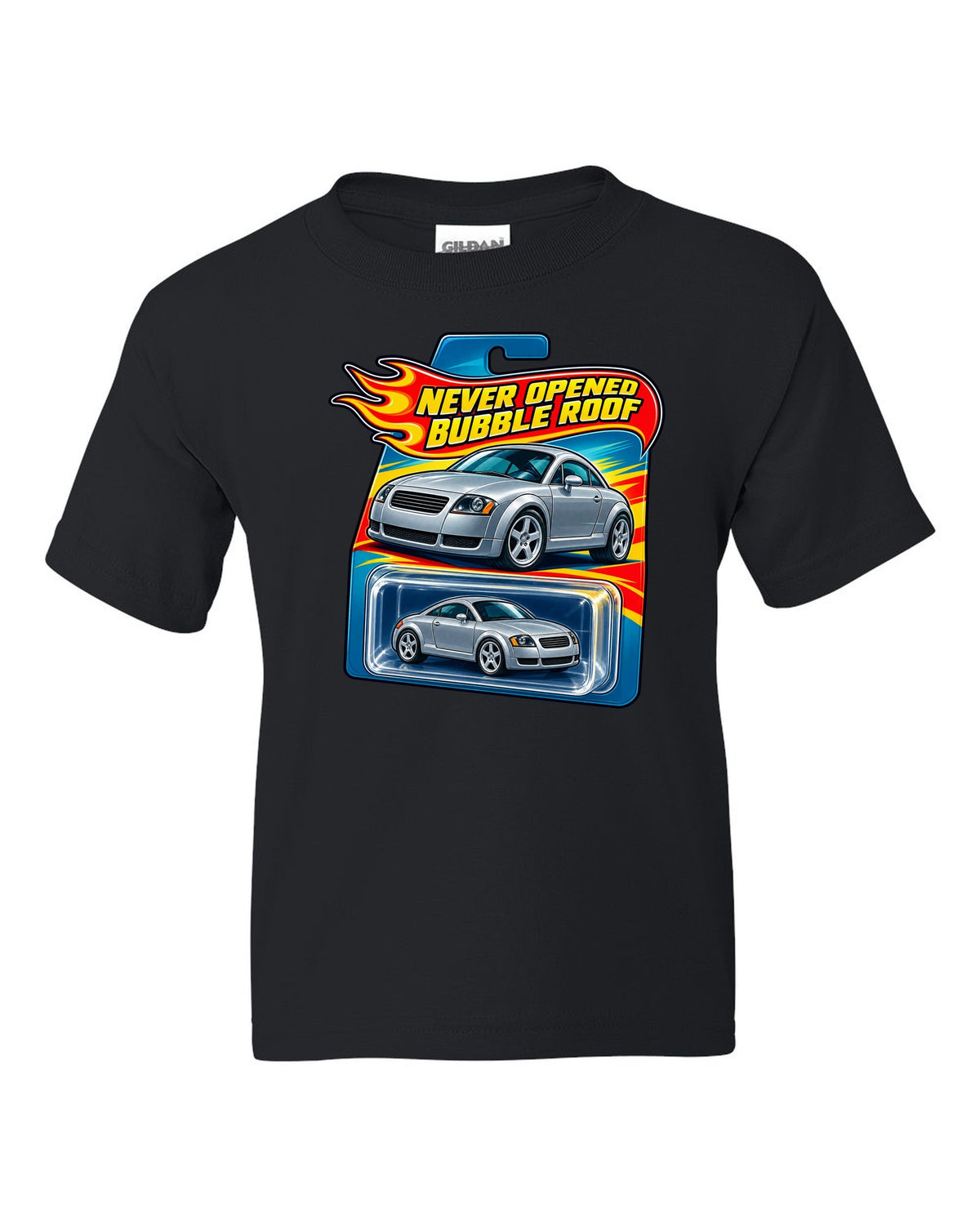 Toy blister card style print of an Audi TT 8N with Never Opened text black kids tee front view with the design